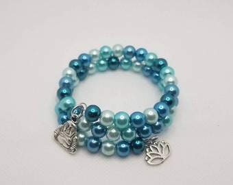 Mala bracelet, 54 bead mala, memory wire bracelet, wrap bracelet, blue glass pearls, yoga bracelet, Buddhist  mala beads