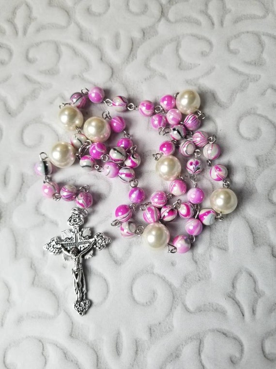 Lutheran prayer beads, Lutheran rosary, stainless steel, pink swirly glass beads, ivory glass pearls, detailed crucifix, hand-wired, OOAK