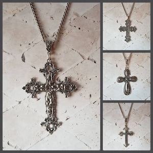 Cross pendant, cross necklace, cross jewelry, Christian jewelry, large silver-toned metal cross, silver toned cross, stainless steel chain