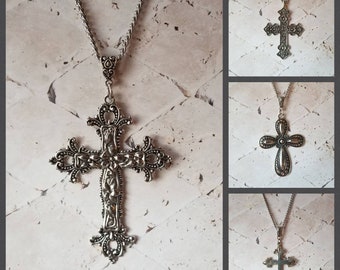Cross pendant, cross necklace, cross jewelry, Christian jewelry, large silver-toned metal cross, silver toned cross, stainless steel chain