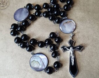 Orthodox prayer beads, Orthodox Chotki, black  glass pearls, black crucifix, gunmetal toned, Orthodox Chotki, hand-wired, OOAK, Komboskini