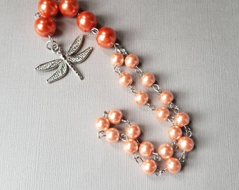 Baha'i prayer beads, 19 and 5 prayer beads, loop style prayer beads, stainless, hand-wired, peach and tangerine glass pearls, dragonfly