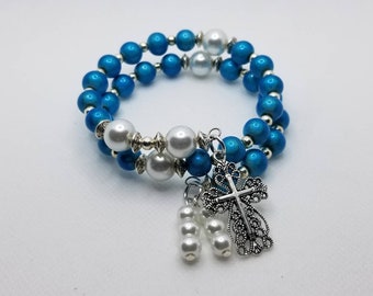 Anglican prayer bead bracelet, memory wire bracelet, beaded bracelet, wrap bracelet, blue Miracle beads, Protestant rosary, filigree cross