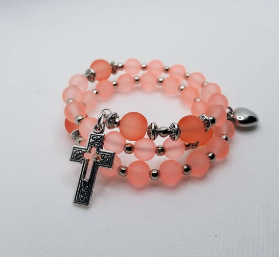 Anglican prayer bead bracelet, memory wire bracelet, beaded bracelet, wrap bracelet, peach frosted sea glass, Protestant prayer beads