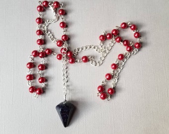 Witches ladder, Purple Goldstone, red glass pearls, prayer beads, pendulum, necklace, silver tone, Pagan, Wiccan, divination, dowsing,ooak