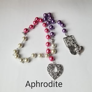 Aphrodite prayer beads, Goddess prayer beads, hand-wired, beautiful bead, silver toned charms, Goddess, pagan, Greek, witch