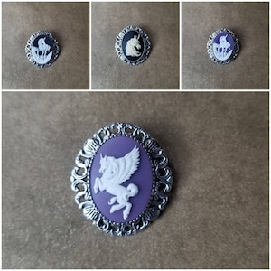 Cameo brooch or pendant, unicorn cameo, pegasus cameo, unicorn or pegasus cameo necklace, fantasy jewelry, LARP jewelry, silver-toned bezel