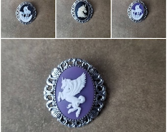 Cameo brooch or pendant, unicorn cameo, pegasus cameo, unicorn or pegasus cameo necklace, fantasy jewelry, LARP jewelry, silver-toned bezel