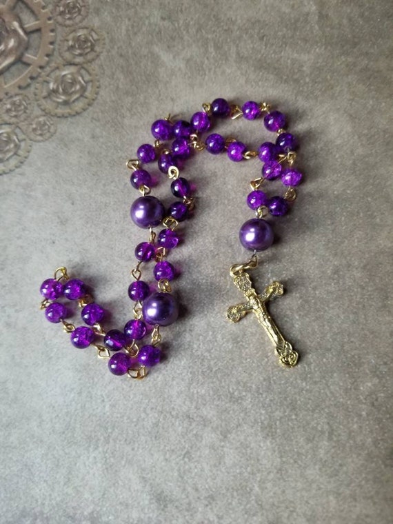 Orthodox Christian Chotki, gold tone, purple glass pearls, crackled glass beads, gold-toned, budded crucifix, Komboskini, hand-wired, OOAK