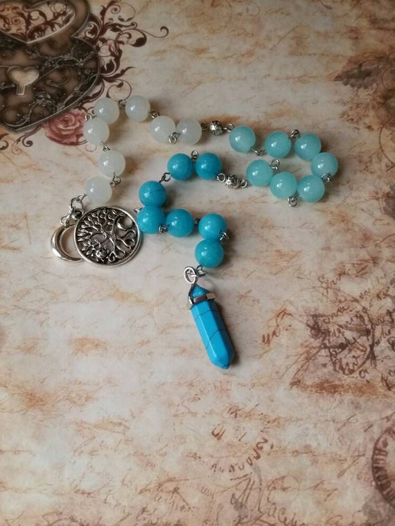 Pagan prayer beads, Winter prayer beads, stainless steel, Ice and snow prayer beads, Malay jade beads, Turquoise pendulum, tree of life