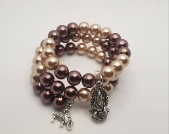 Mala bracelet, 54 bead mala, memory wire bracelet, wrap bracelet, brown glass pearls, wrap bracelet, yoga bracelet, Hindu mala beads
