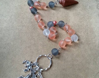 Samhain prayer beads, pagan prayer beads, Samhain witches prayer beads, stainless steel, sea glass, Goldstone pendulum,  spooky charms