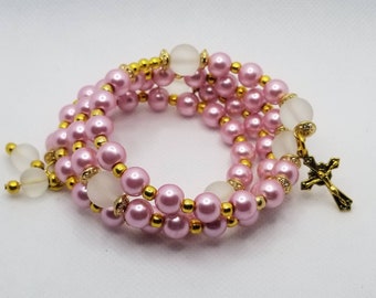 Five decade rosary bracelet, memory wire bracelet, wrap bracelet, dusty rose glass pearls, clear frosted glass beads, religious bracelet,