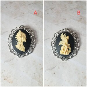 Cameo brooch, silver-toned brooch pins, cameo pin, Gothic cameo, sugar skull cameo, Day of the dead cameo brooch, faerie on skull brooch