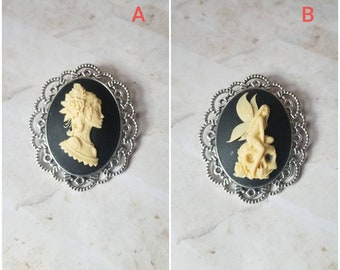 Cameo brooch, silver-toned brooch pins, cameo pin, Gothic cameo, sugar skull cameo, Day of the dead cameo brooch, faerie on skull brooch