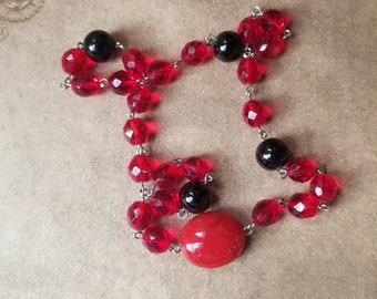 UU prayer beads, Unitarian Universalist prayer beads, red faceted Czech glass, silver-toned, black glass pearls , hand-wired, OOAK