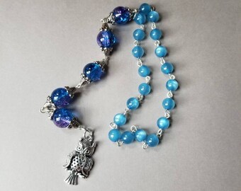 Baha'i prayer beads, loop style, 19 and 5 prayer beads, silver tone, cat eye beads,  crackled glass beads, owl charm, 5 and 19, hand-wired