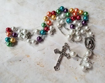Catholic Five decade rosary, rosary, prayer beads, praying hands center, hand-wired, budded silver crucifix, rainbow rosary, LGBT pride