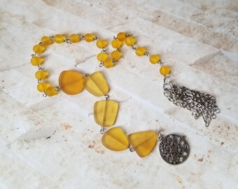 Baha'i prayer beads, 19 and 5 prayer beads, hand-wired, stainless steel, golden yellow cultured sea glass, handmade chain tassel, OOAK