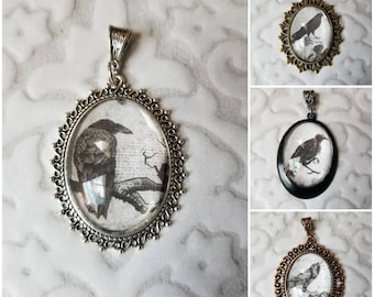 Raven pendant, photo behind glass, raven pendants, glass cabochon, photo jewelry,  photo jewelry, raven necklace, crow jewelry, bird pendant