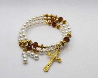 Bracelet, Catholic five decade rosary bracelet in gold tone, ivory glass pearls, brown glass beads, memory wire wrap bracelet, religious