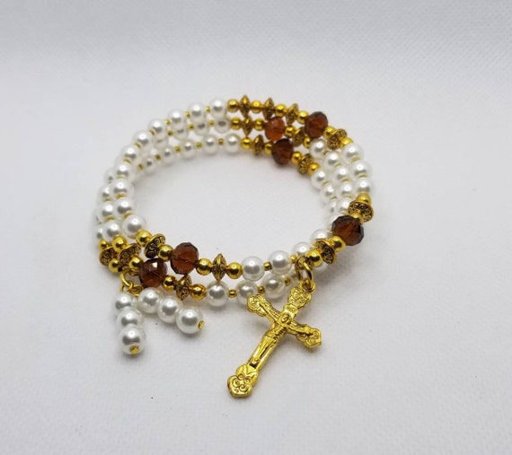 Bracelet, Catholic five decade rosary bracelet in gold tone, ivory glass pearls, brown glass beads, memory wire wrap bracelet, religious