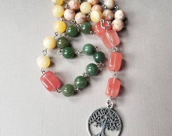 Autumn pagan prayer beads, Redline Marble, Yellow Calcite, Green Tree Agate, Cherry Quartz, tree of life charm, gemstone papan prayer beads
