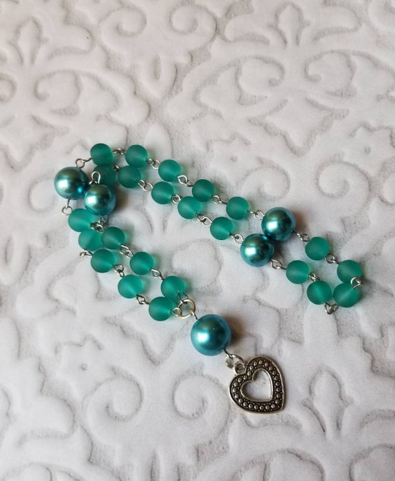 UU Prayer beads, Unitarian universalist prayer beads, stainless steel, hand wired, teal sea glass and glass pearls, heart charm, OOAK