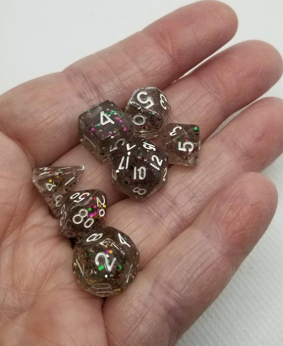 Glitter smoky and white mini Dnd dice, mini polyhedral gaming dice, DnD dice set, RPG dice, D and D dice, set of 7 DnD dice, 10mm dice