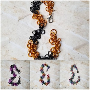 Chain maille bracelet, Shaggy loops bracelet, shaggy loops chain maille bracelet, Halloween colors, LGBT Pride, anodized aluminum bracelet