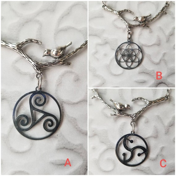 Nature themed jewelry, branch with bird and charms, stainless steel charms, Triskelion charm, BDSM charm, flower or life charm, seed of life