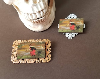 Witch brooch, witch pin, witch on broom, witch with cat, Wiccan brooch, Wiccan jewelry, pagan jewelry, copper or antique silver, LARP pin