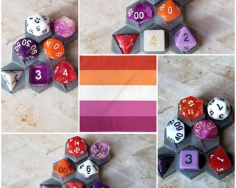 Lesbian flag 16mm dnd dice, hand chosen, curated set of polyhedral gaming dice, DnD dice set, RPG dice, LGBTQ dice, Sunset Lesbian pride