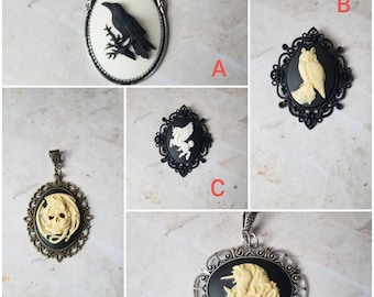 Cameo pendant, cameo necklace, owl cameo pendant, raven  cameo pendant, pegasus cameo pendant, unicorn cameo pendant, dragon on skull cameo