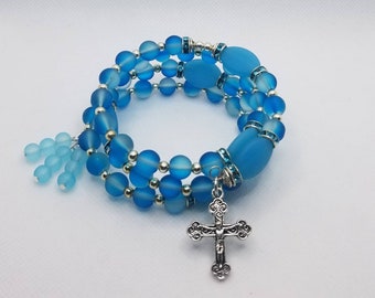 Five decade rosary bracelet, memory wire bracelet, wrap bracelet,blue rubberized frosted glass beads, religious bracelet, beach glass beads