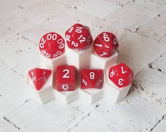 Opaque red 16mm dnd dice with white numbers, polyhedral gaming dice, DnD dice set, RPG dice, gaming dice, set of 7 DnD dice
