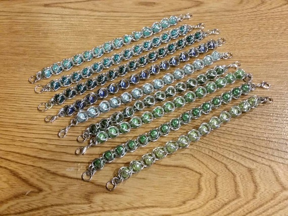 Captive bead bracelet, captured pearl jewelry, chain maille bracelet, silver, green glass pearls, captured beads, blue glass pearls