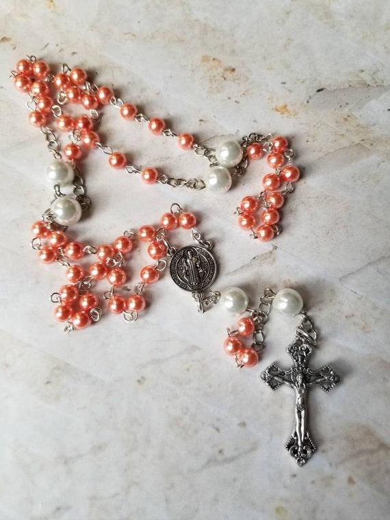 Rosary, dark peach and ivory glass pearl, five decade rosary, silver tone, Saint Benedict center, Italian-made crucifix, religious, Catholic