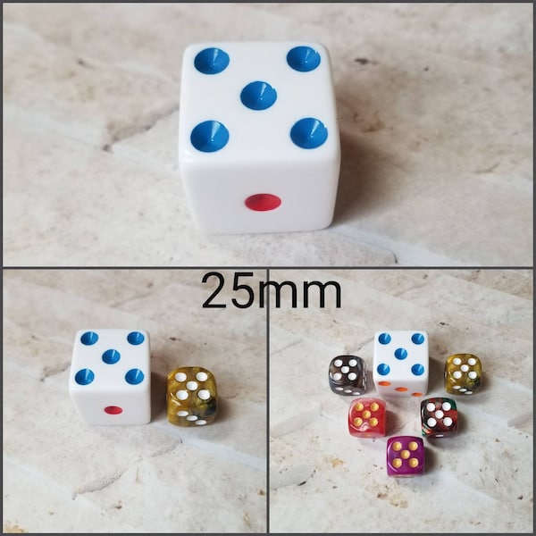 Huge 25mm d6, white 25mm d6 dice with rainbow pips, oversized d6, extra large sized d6, dnd d6, dnd dice, rpg dice, X large d6,