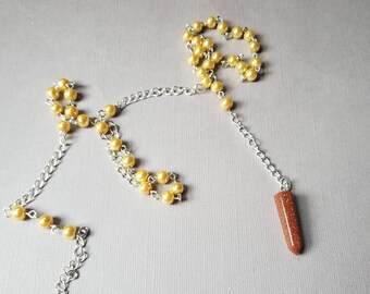 Witches ladder, pendulum, necklace, prayer beads, silver tone, yellow glass pearls, Goldstone pendulum,  gemstone pendulum, Pagan, Wiccan