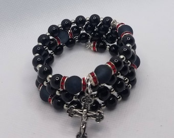 Five decade rosary bracelet, memory wire bracelet, wrap bracelet, Catholic rosary bracelet, black glass pearls, red rhinestones, silver tone