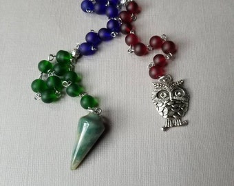 Litha prayer beads, pagan prayer beads, owl prayer beads, Midsummer prayer beads, Summer solstice, sea glass, Moss Agate, owl, stainless