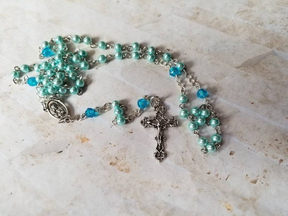 Handmade rosary, five decade rosary, blue glass pearls, Sacred Heart of Jesus center, crucifix, Catholic, religious, hand-wired, silver