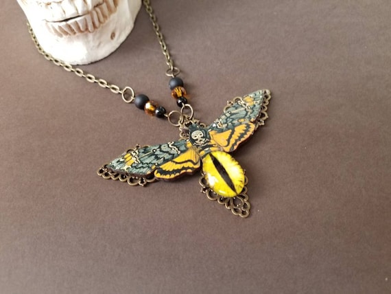 Death's head moth necklace, Steampunk assemblage, wood lasercut Hawk moth, yellow dragon eye, bronze tone, Death head moth jewelry, OOAK