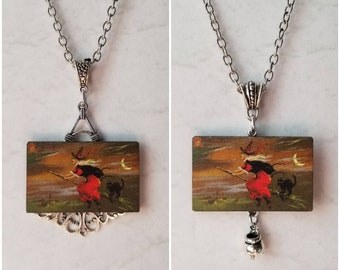 Witch pendant, witch jewelry, laser cut wooden necklace, filigree design accents, witches familiar jewelry, cauldron necklace, pagan jewelry