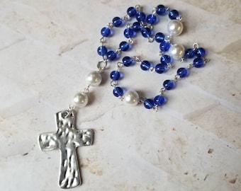 Anglican Prayer beads, Episcopal, Protestant, Methodist prayer beads, silver hammered cross, blue and white glass beads, religious