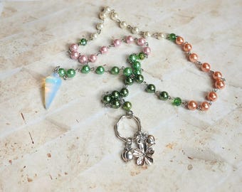 Summertime prayer beads, pagan prayer beads, stainless steel, peach blossoms, peach blossom pagan prayer beads, Opalite, peach charm