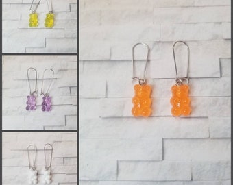 Whimsical earrings, kitschy earrings, animal earrings, gummy bear earrings, candy earrings, stainless steel wires, gummy candy earrings