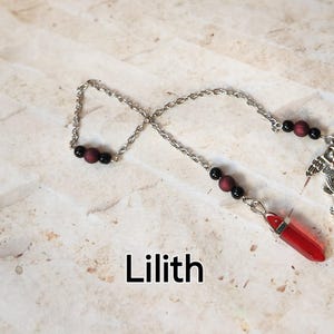 Lilith pendulum, Goddess pendulum, divination, dowsing pendulum, beaded pendulum, gemstone pendulum, stainless steel chain, charms, Goddess