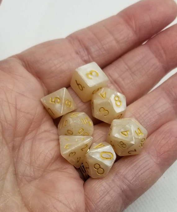 Pearly ivory and gold mini Dnd dice, mini polyhedral gaming dice, DnD dice set, RPG dice, D and D dice, set of 7 DnD dice, 10mm dice